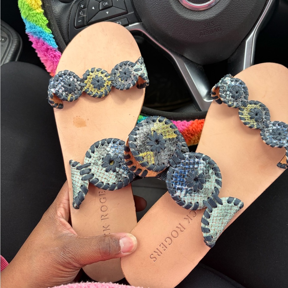 Jack Rogers Blue-Tan Multicolor Woven Disc Leather Sandals